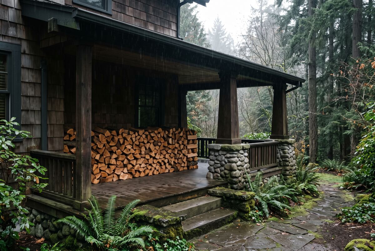 Split firewood stacked waist-high and tight along the dry back wall of a Craftsman bungalow porch while rain falls past the eave