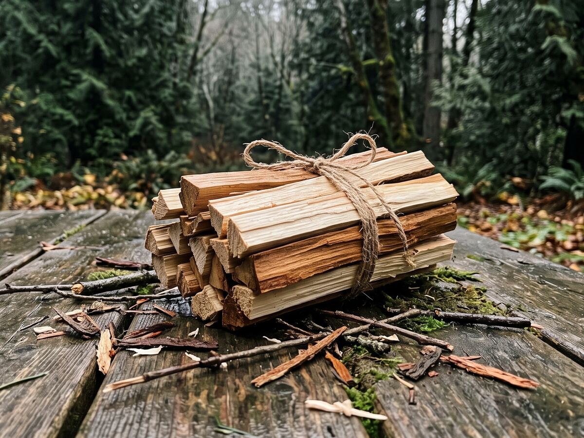 A bundle of thin dry split fir kindling tied with jute twine, resting on weathered boards at the edge of the woods