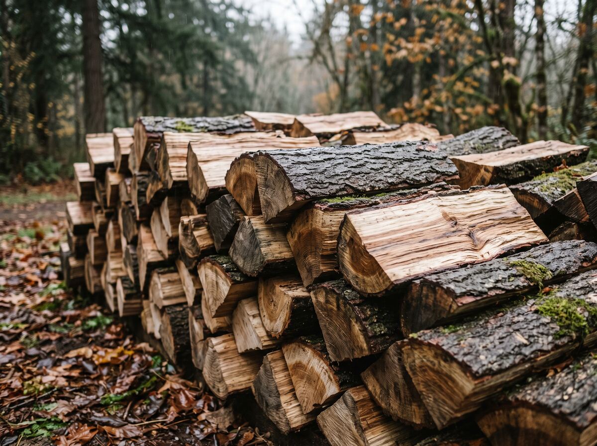 A row of split mixed hardwood firewood stacked in the open, damp bark and moss on the outer logs, pale cut faces showing