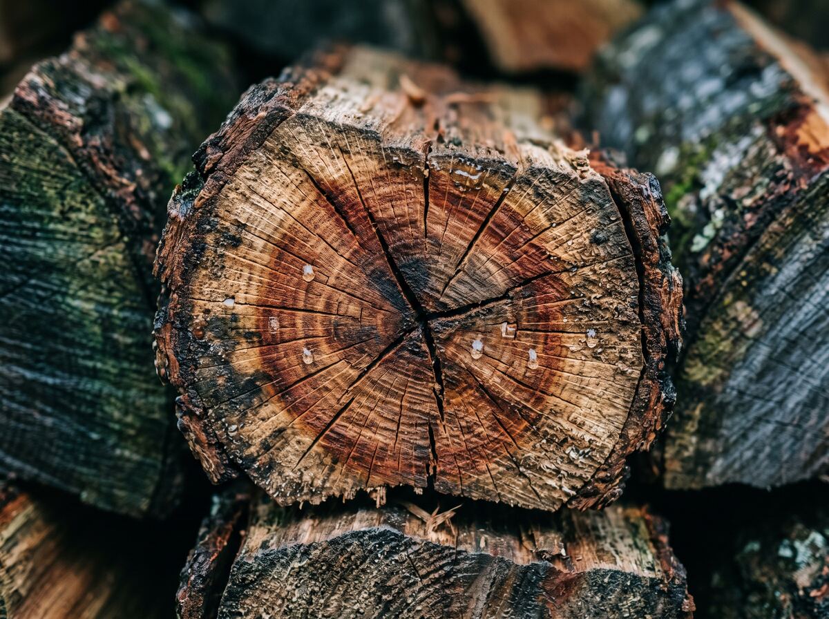 Close-up of a split oak round showing red-brown heartwood, growth rings and the deep radial cracks that come with seasoning